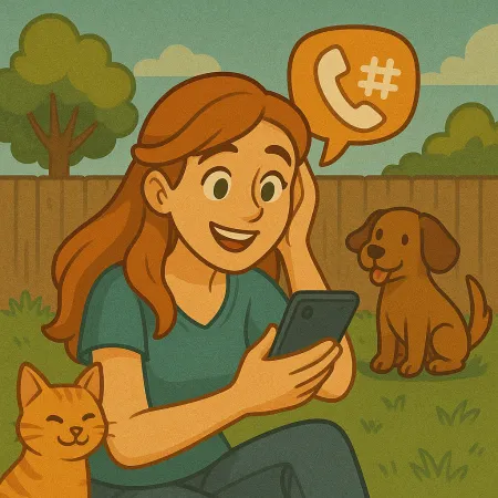 Seorang wanita berambut merah duduk di rumput di taman, tersenyum sambil melihat smartphone-nya. Seekor kucing oranye berbaring di dekatnya dan seekor anjing cokelat duduk di dekatnya. Sebuah gelembung dialog yang berisi ikon telepon dan tanda pagar mengapung di atasnya, menyarankan percakapan telepon.