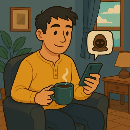 Seorang pria duduk nyaman di kursi, memegang secangkir kopi panas dan melihat smartphone-nya, dengan gelembung pesan menampilkan ikon topeng anonim atau hacker, di ruang tamu yang hangat dengan jendela, lampu, dan tanaman.
