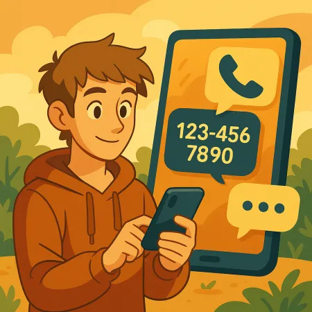 Seorang pemuda tersenyum mengenakan hoodie menggunakan smartphone, dengan layar telepon besar di latar belakang menampilkan ikon panggilan dan nomor telepon fiktif (123-456-7890), dalam dekorasi luar ruangan yang stylish dan hangat.