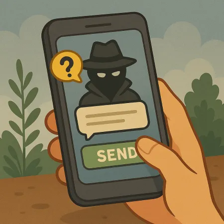 Tangan memegang smartphone menampilkan karakter yang mengenakan jas hujan dan topi, mewakili pengirim anonim. Sebuah balon dialog dengan tanda tanya terlihat, serta tombol hijau bertuliskan 'KIRIM', menyarankan pengiriman pesan anonim