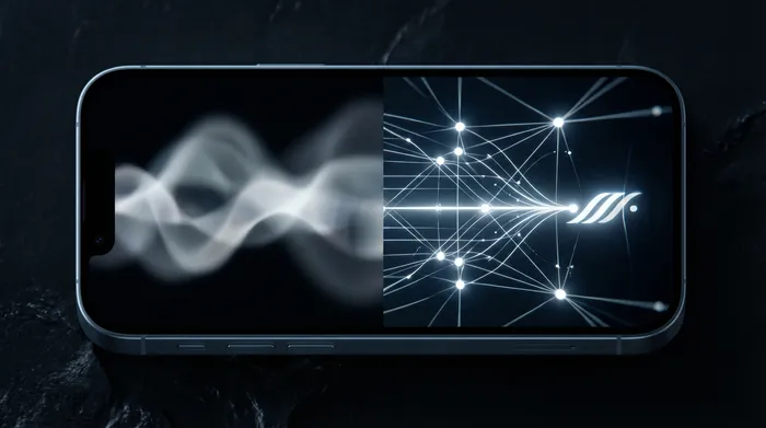 Seorang pria berjas memanipulasi antarmuka digital holografik berisi data jaringan dan alamat IP yang ditampilkan di atas ponsel pintar.