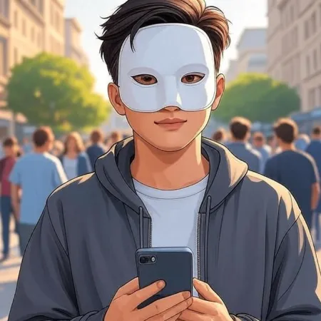 Seorang pemuda bergaya anime yang mengenakan topeng putih dan jaket hoodie abu-abu, melihat ke kamera sambil memegang smartphone di jalan yang ramai.