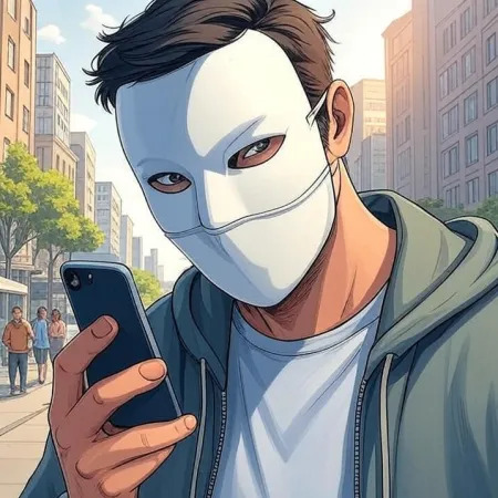 Seorang pria mengenakan masker putih dan sweater dengan hoodie sedang melihat ponselnya di sebuah jalan di kota. Gambar tersebut dibuat dalam gaya kartun atau komik.