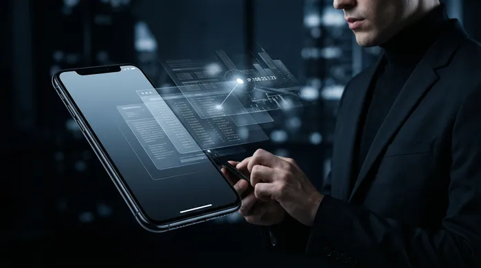 Dua ponsel pintar berdampingan di atas meja, dihubungkan oleh jaringan digital bercahaya yang melambangkan transfer data antar perangkat.