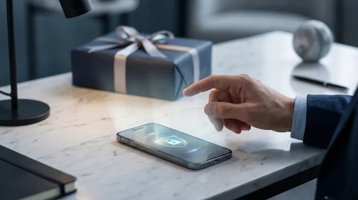 Sebuah tangan memegang ponsel pintar yang menampilkan antarmuka perpesanan dengan elemen grafis teknologi yang ditumpangkan, termasuk gembok, sirkuit, dan nomor telepon, mengilustrasikan keamanan seluler dan komunikasi digital.