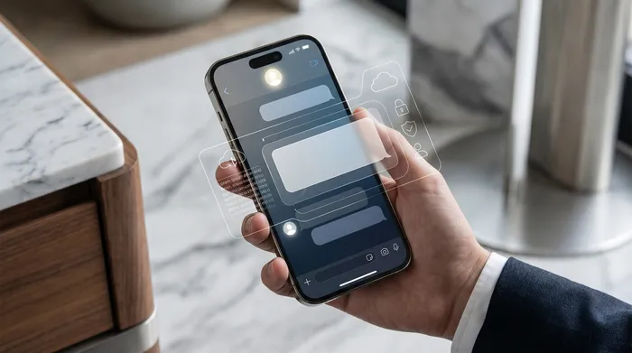 Sebuah ponsel pintar diletakkan di atas meja di samping laptop, menampilkan ikon geolokasi digital dalam realitas tertambah.