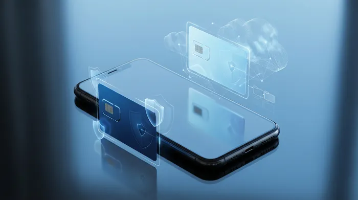 Sebuah tangan memegang ponsel pintar yang menampilkan antarmuka perpesanan holografik modern dengan gelembung obrolan dan ikon keamanan.