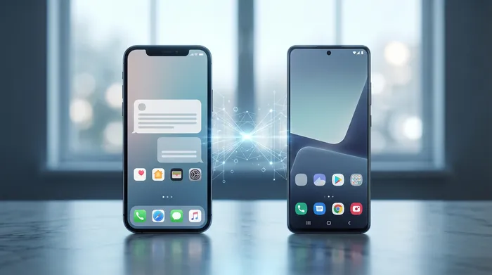 Sebuah ponsel pintar dengan kartu SIM digital dalam bentuk hologram, melambangkan keamanan data dan penyimpanan awan.