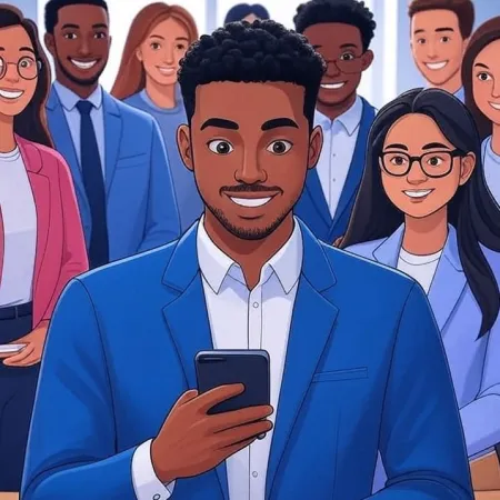 Ilustrasi seorang pria muda kulit hitam yang tersenyum melihat smartphone-nya, dengan timnya di latar belakang.