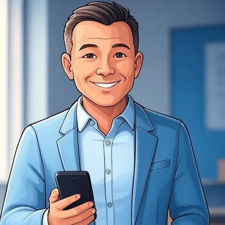 Ilustrasi seorang pria bisnis tersenyum dalam setelan biru memegang smartphone.