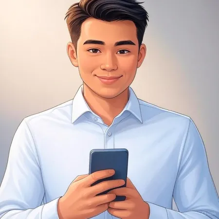 Ilustrasi seorang pengusaha tersenyum dalam jas biru memegang smartphone.