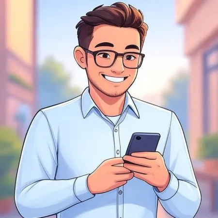 Seorang pria muda tersenyum dengan kacamata dan kemeja biru, melihat smartphone-nya.