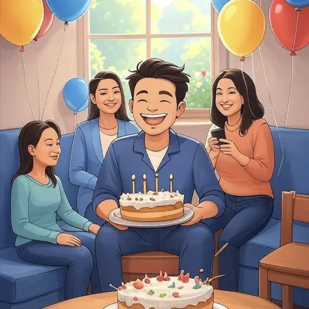 Pria tersenyum memegang kue dengan lima lilin, dikelilingi oleh orang-orang terdekat di ruang tamu yang dihias dengan balon berwarna.