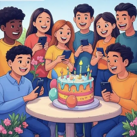 Sekelompok muda tersenyum mengelilingi kue ulang tahun berwarna-warni dengan lilin, balon, dan dekorasi, sambil memegang ponsel mereka.