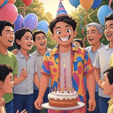 Anak laki-laki tersenyum dengan topi pesta memegang kue dengan lilin unik, dikelilingi oleh tamu dan balon berwarna di luar ruangan.