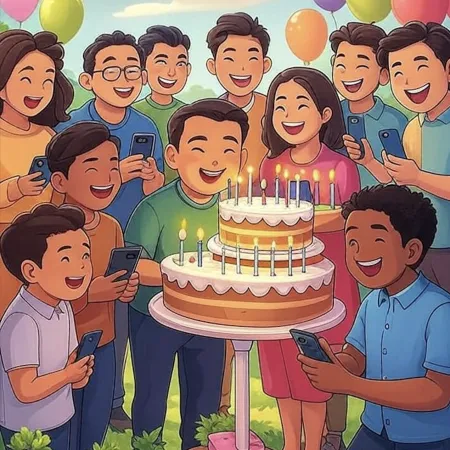 Sekelompok orang tersenyum mengelilingi kue besar berlapis dua dengan beberapa lilin menyala, sambil mengambil foto dengan ponsel mereka.