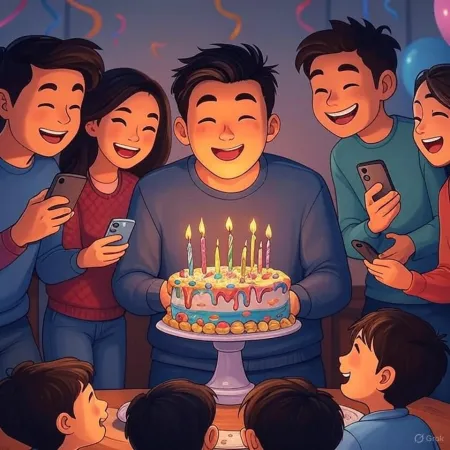 Ilustrasi ulang tahun di mana seorang pria tersenyum memegang kue yang dihias dengan lilin menyala, dikelilingi oleh teman-teman dan orang-orang terdekat yang mengambil foto dengan ponsel mereka.