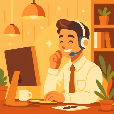 Ilustrasi seorang pria tersenyum dengan headphone bekerja di komputer desktop dalam lingkungan yang hangat dan nyaman dengan tanaman dan secangkir kopi