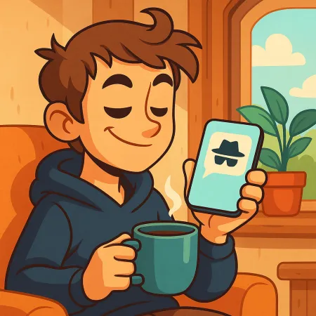 Ilustrasi seorang pria muda tersenyum, duduk nyaman dengan secangkir kopi, memegang smartphone yang menampilkan ikon pesan anonim dengan topi dan kacamata hitam.