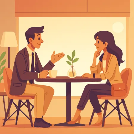 Ilustrasi dua orang yang berdiskusi secara tatap muka di sebuah kafe, seorang pria berpakaian jas dan seorang wanita berpakaian santai yang chic, duduk di meja dengan tanaman kecil di tengah.